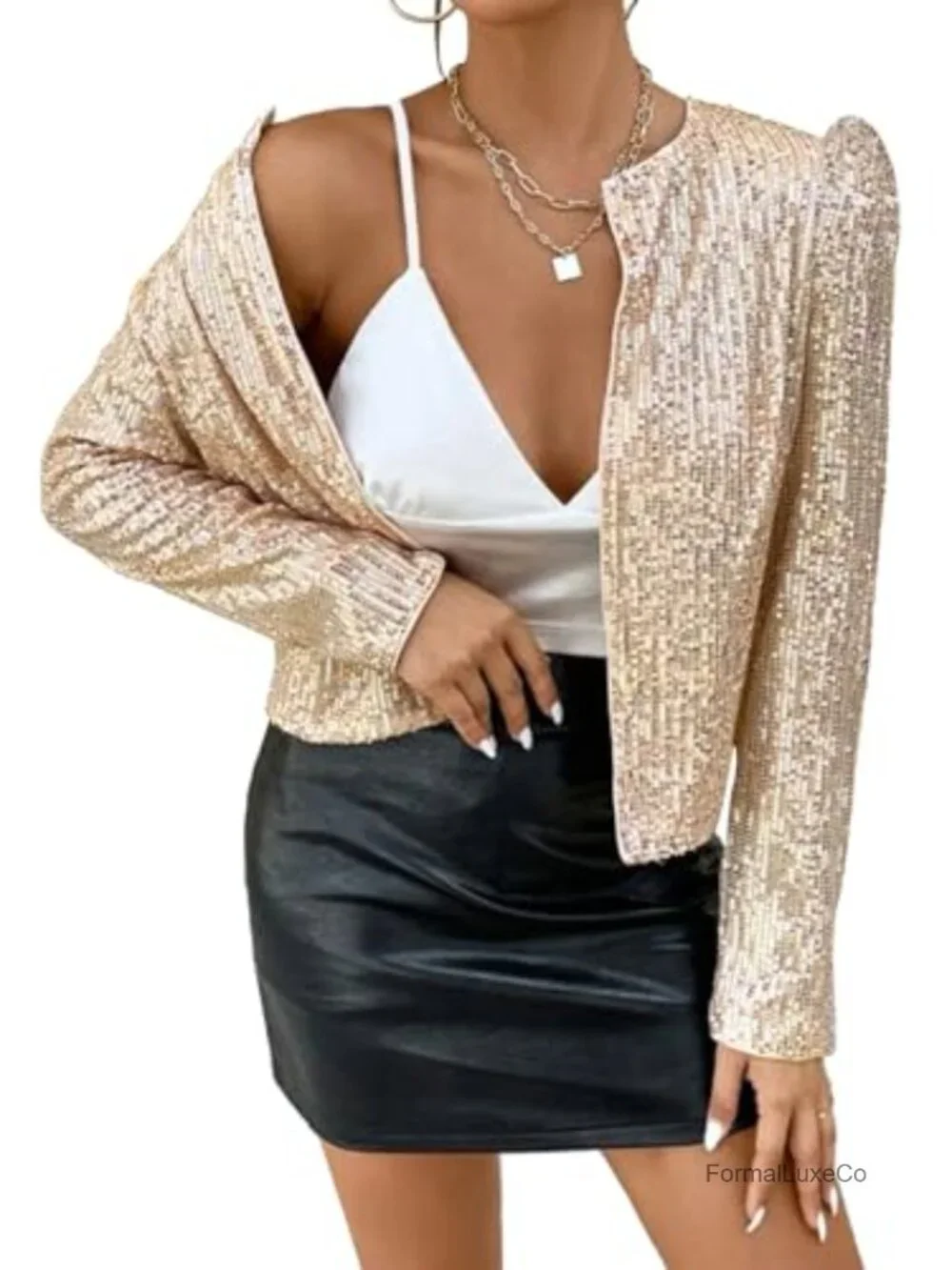 Sequin Cardigan Open Front Long Sleeve Puff Sleeve Crop Jacket Women
